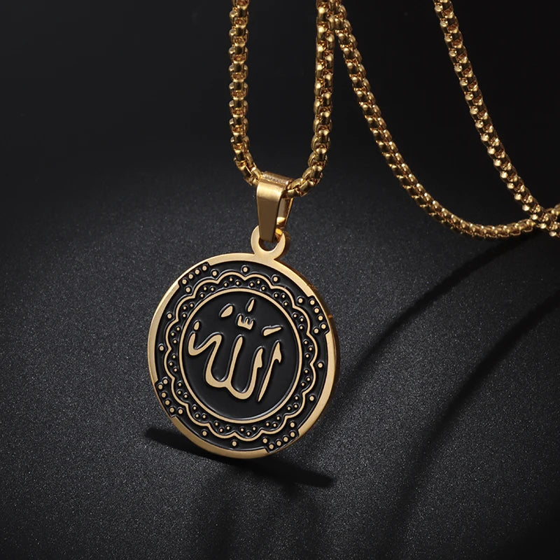 Allah Scripture Round Medal Pendant Stainless Steel Necklace Mens Islamic Jewelry Amulets Muslim Gifts